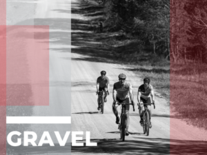 3 riders cycling towards the camera on a gravel road with design element squares around them. Title reads Gravel.