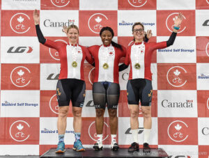 Master A Women's Team Sprint Canadian Record Gold Medalists. Pictured L-R Amy Maher, Rosa Phillip, Denise Magnini