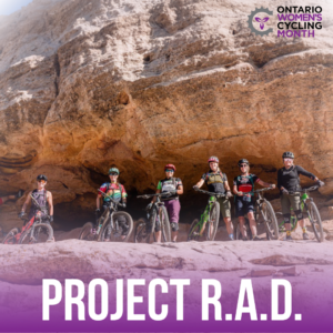 project rad riders line up inside a cave opening, graphic reads project r.a.d.