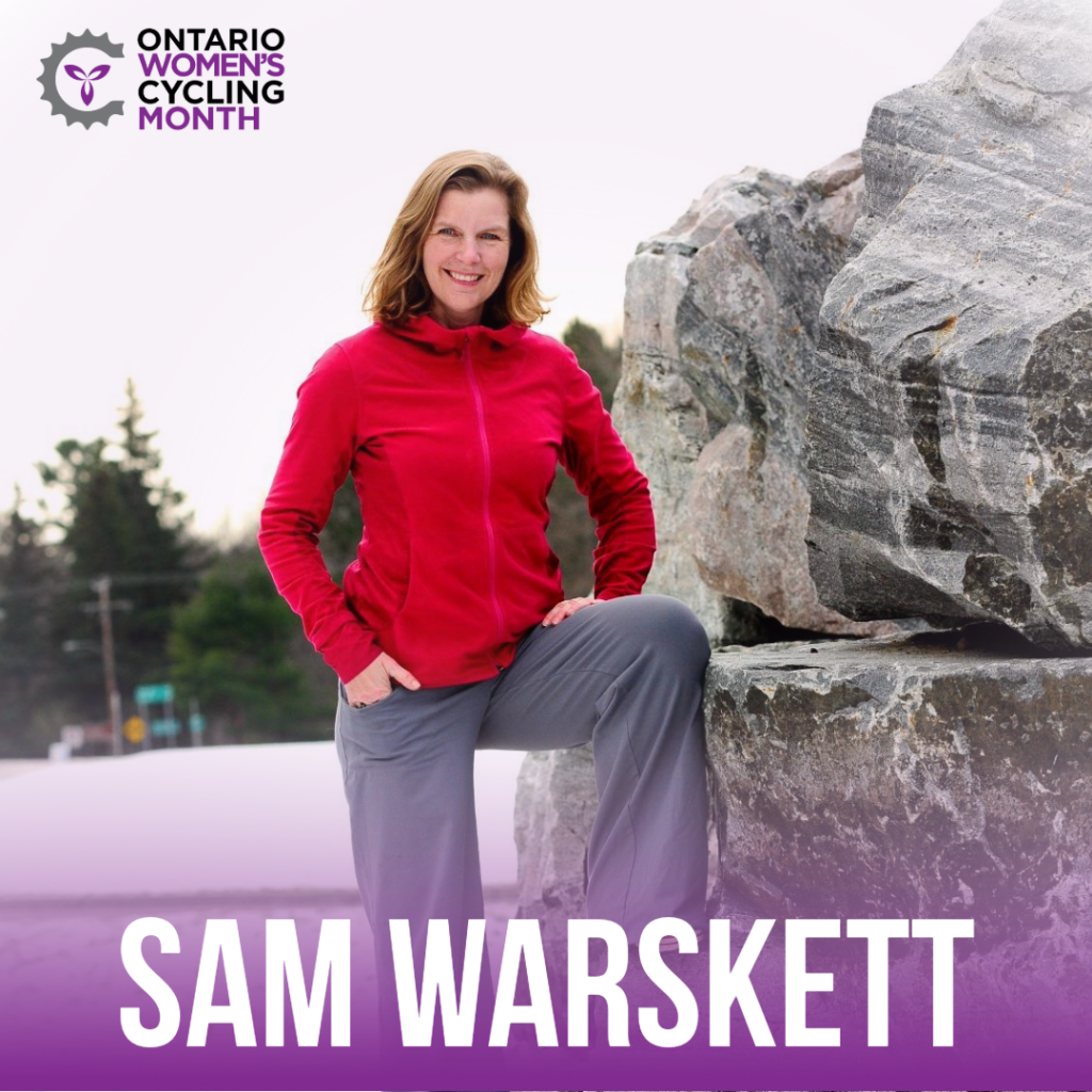 Sam posing on a pile of boulders, graphic reads Sam Warskett