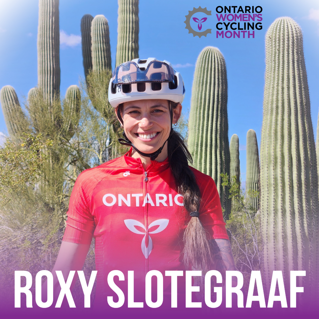 Roxy Stolegraaf standing in front of cacti wearing Ontario racing kit, graphic reads Roxy Slotegraaf