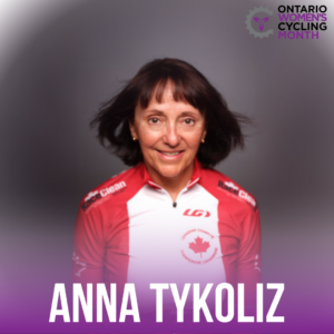 Anna headshot, black background wearing canadian track champions jersey, Graphic reads Anna Tykoliz