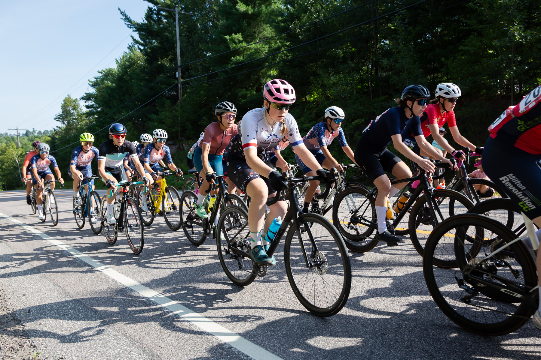 Peloton of female road cyclists during a road race