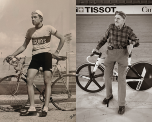 before and after image of Manuel Avelar posing with his bicyle, in cycling hat and looking off in the distance