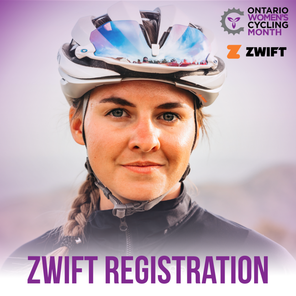 Siobhan Kelly smiling at the camera, wearing a bike helmet with sunglasses secured in it. Text Reads Zwift Registration