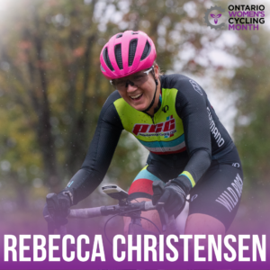 A woman in full cycling kit, helmet and sunglasses riding past the camera smiling, graphic reads Rebecca Christensen