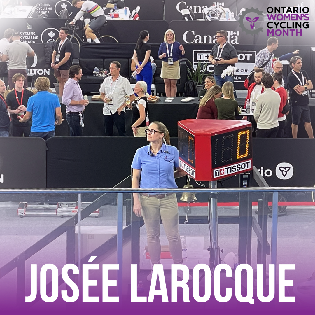 Josee Larocque ringing the lap bell at the velodrome